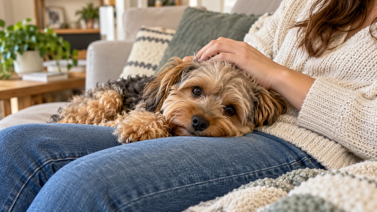 Yorkipoo köpek — sahibinin kucağında