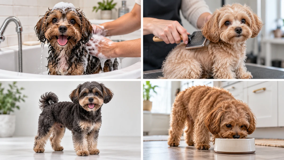 Yorkipoo köpek — parkta yürüyüş ve egzersiz